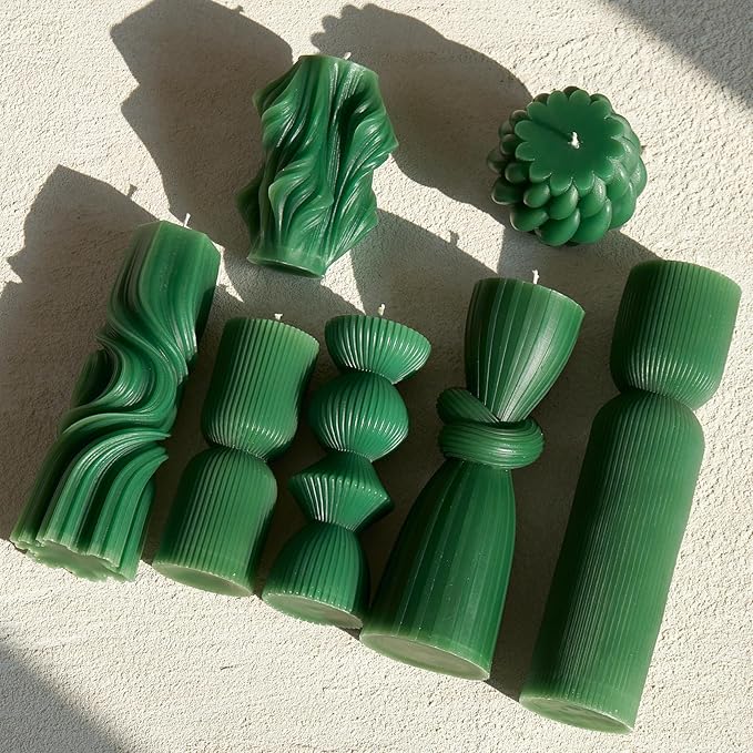 7-Pack Pillar Candles - Soy Wax Handmade Ribbed Candles for Home Decor, Housewarming Gift, Shelf & Table Decor - Aesthetic Modern Candles Set (Green)