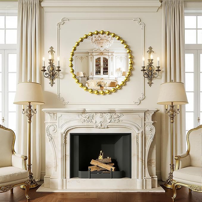 Round Vanity Mirror for Wall, 28 Inch Beaded Frame Circle Mirror for Bedroom Dresser, Bathroom, Entryway, Living Room, Decorative Hanging Wall Mirror, Gold