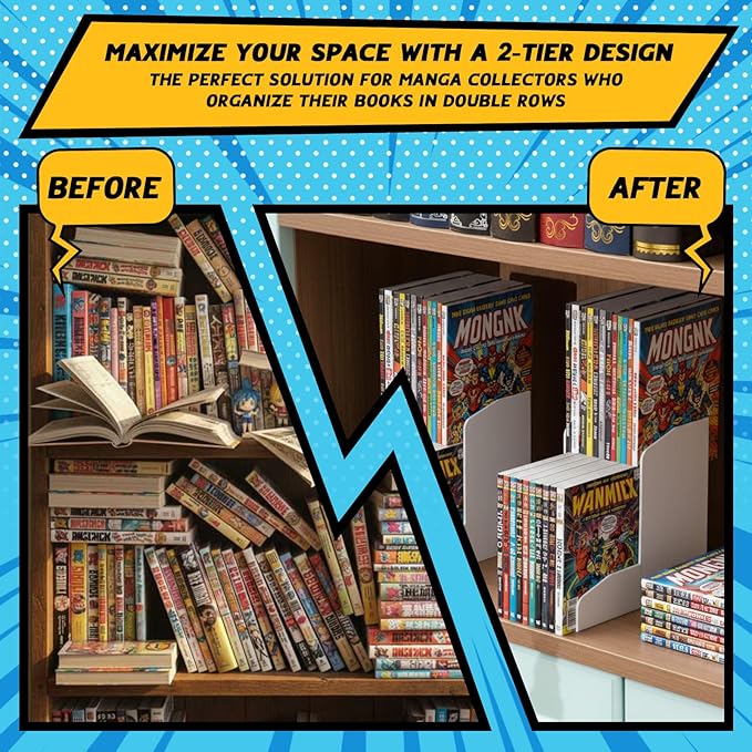 Thyle 2 Pack 2-Tier Manga Shelf Risers, Space-Saving Display Bookshelf Stand Organizer for Manga, Novels & Collectibles, Pla Book Riser for Maximizing Shelf Storage