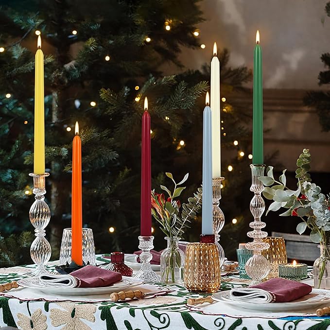 YOROXRG 24 Colored Taper Candles, 7-8 Hours Burn Time, Unscented, Smokeless and Dripless, 0.75 x 10 Inch Dinner Candle Set for Household, Wedding, Party and Home Décor Candlesticks