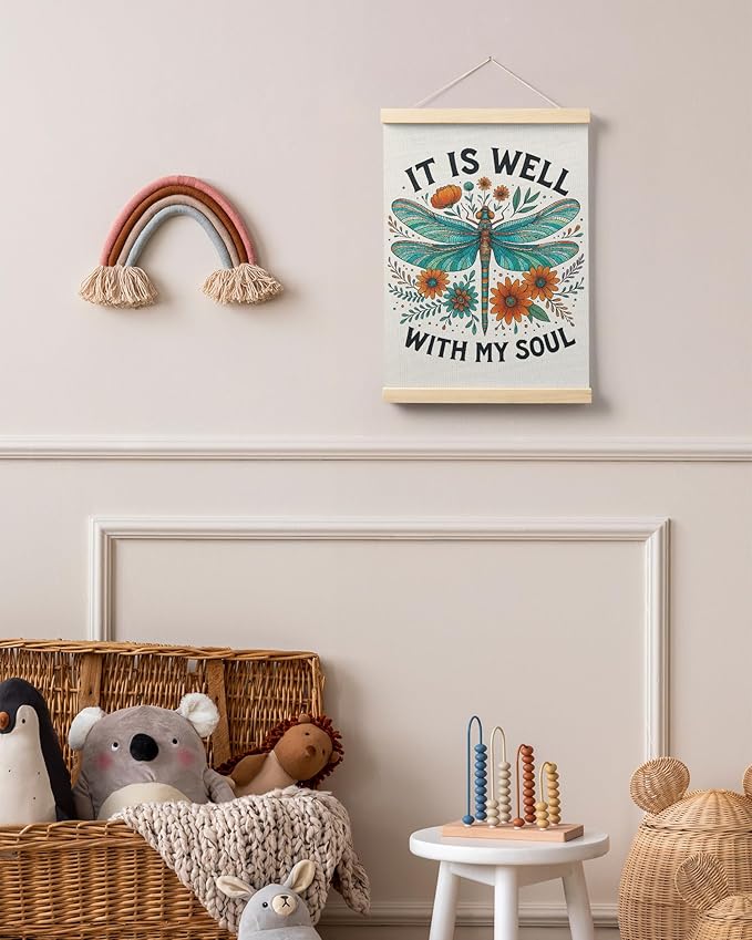 FGFK Floral Dragonfly Christian Wall Art Poster Hanger Frame, It Is Well with My Soul Bible Verse Religious Canvas Prints Framed Wall Decor for Home Bedroom Office Church, 12x16 Inch