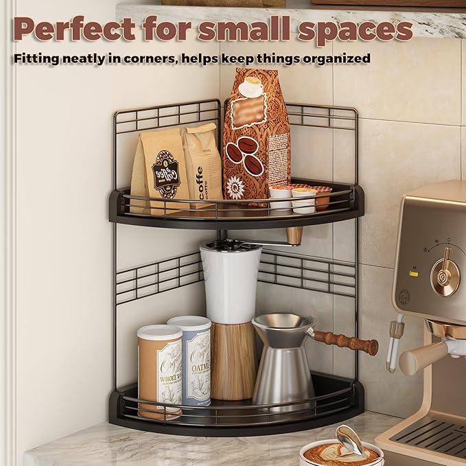 2-Tier Bathroom Countertop Corner Organizer for Small Spaces Counter Shelf for Sink & Vanity, Compact Vertical Storage for Toiletries (Black)