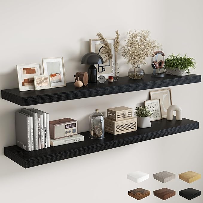 Fun Memories 72 Inch Floating Shelves, 12 Inch Deep Wall Shelf for Fireplace Mantel, Large Display Shelf & Storage Shelf, Wood Floating Wall Shelves for Home & Office, Black, Set of 2