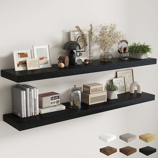 Fun Memories 72 Inch Floating Shelves, 12 Inch Deep Wall Shelf for Fireplace Mantel, Large Display Shelf & Storage Shelf, Wood Floating Wall Shelves for Home & Office, Black, Set of 2