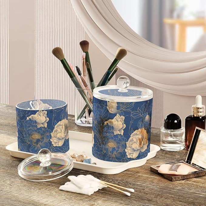 Navy Blue Gold Peony Floral2 Clear Plastic Makeup Organizer Storage with lid Pantry Essentials Decorative Dental floss storage jar for Cotton Swabs,Cotton Pads,Floss Picks,Paper Clips,Hair