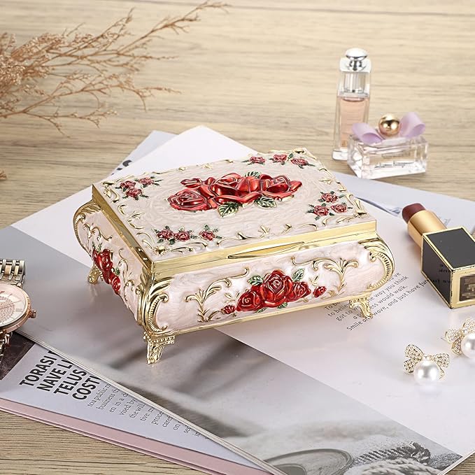 Hipiwe Metal Decorative Jewelry Box Vintage Treasure Chest Case Ornate Trinket Organizer Earrings Necklace Bracelet Storage Box Ring Holder Keepsake Box for Women