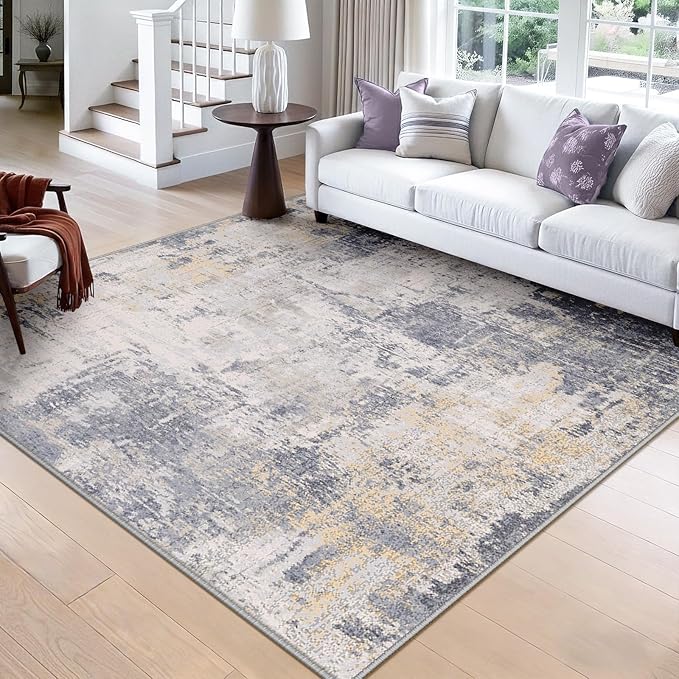 RELEANY Washable Area Rugs Square 8ft Non-Slip Modern Abstract Soft for Living Room Entryway Bedroom Nursery, Print Pattern, Purple Grey Cream Yellow