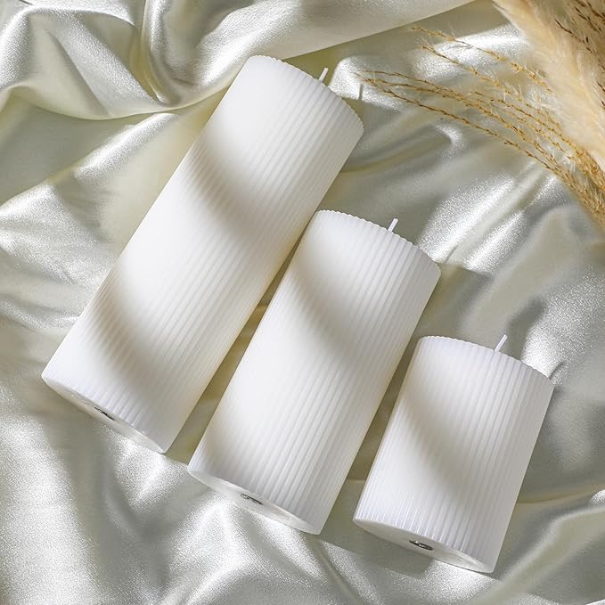 Conelist Ribbed Pillar Candles Set of 3, Width 3" High 4" 6" 8" Large Soy Wax Orchids Scented Pillar Candles Aesthetic Ribbed Modern Home Decor for Bathroom Living Room(White)