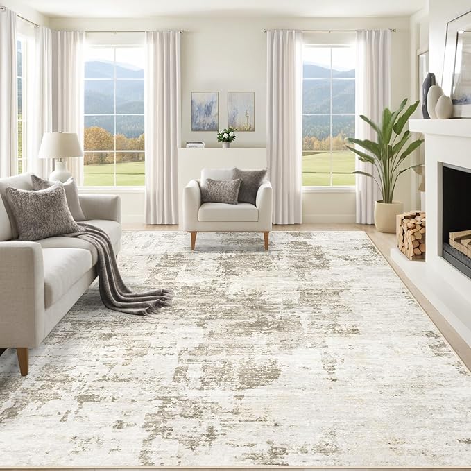 XLUEZ 9x12 Area Rug for Living Room, Washable Modern Abstract Large Area Rug Neutral Soft Non Slip Kids Rug Stain Resistant Indoor Carpet for Bedroom Dining Room Playroom Office(BeigeBrown, 9'x12')