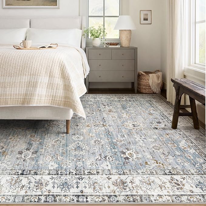 XLUEZ Area Rug 6x9 Living Room Rug, Machine Washable Vintage Distressed Boho Area Rug Non-Slip Soft Low Pile Large Indoor Rugs for Bedroom Kitchen Dining Room Office(Light Blue,6'x9')