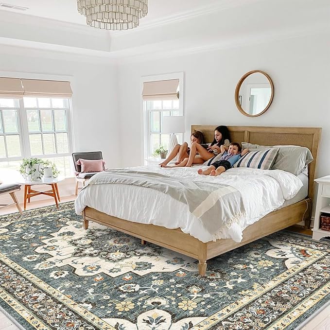 TOPRUUG Washable Oriental Area Rug - 10x12 Rugs for Living Room Soft Carpet for Bedroom Waterproof Floral Distressed Indoor Stain Resistant Non-Shedding Floor Carpets (Blue, 10x12)