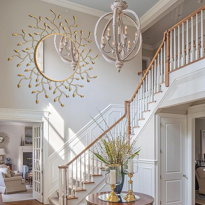 Chende 47" x 47" Large Round Decorative Mirror, Living Room Wall Mirror with Metal Leaves, Gold Mirror Wall Decor with Frame for Hallway, Dining Room, Bedroom