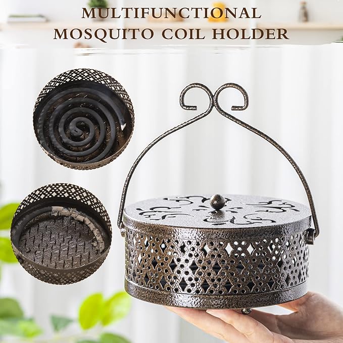 4 Pieces Mosquito Coil Holder Incense Coil Holder Round Retro Portable Metal Hanging Incense Burner with Handle for Home Camping Indoor Outdoor Patio(Bronze Color)