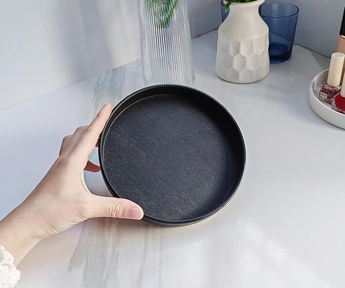 Black Round Small Tray - 6.5 Inch Elegant Bathroom Vanity Tray, Kitchen Counter Organizer & Coffee Table Decor | Sturdy Plastic Serving Tray for Perfume, Soap, or Essentials