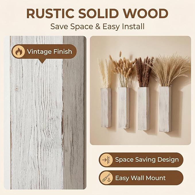 4-Piece Wooden Hanging Wall Vase Set with Pampas Grass and Eucalyptus Dried Flowers, Modern Farmhouse Home Decor for Living Room Entryway Bathroom Hallway Dining Room（Vintage White）