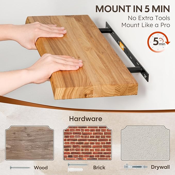 Live Edge Floating Shelf 55 Inch Extra Long | Solid Rustic Elm Wood with Invisible Brackets | Wall Mounted Shelf for Living Room, Kitchen, Bathroom | Natural