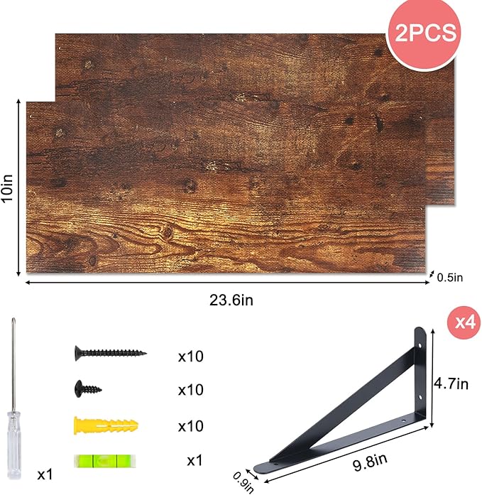 Fixwal Floating Shelves for Wall, 24 Inch Wide x 10 Inch Deep Brown Shelves for Bedroom, Large Wall Shelf for Living Room, Kitchen, Bathroom, Laundry Room and Decor Storage (Set of 2)