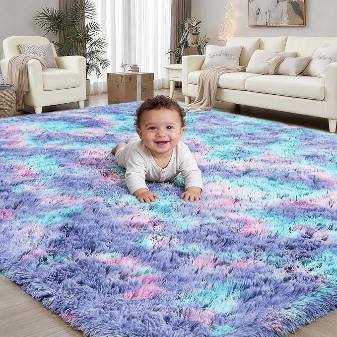 Rainbow Fluffy Rugs for Girls Bedroom: 4x6 Large Shag High Pile Area Rug Upgrade Non-Slip Plush Fuzzy Living Room Rug Shaggy Soft Indoor Floor Carpet Nursery Rugs for Kids Baby Toddler Home Decor