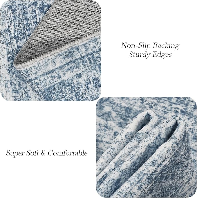 Soalmost 9x12 Area Rugs for Living Room, Non Slip Machine Washable Vintage Rugs, Low Pile Lightweight Large Rug for Bedroom, Dining Room, Home Office Blue