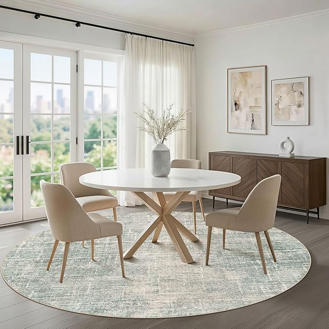 8ft Round Rug Living Room: 8x8 Washable Large Neutral Green Circle Area Rug Abstract Soft Modern Stain Resistant Indoor Floor Non-Slip Carpet for Bedroom Nursery Kids Office Playroom Dining Room