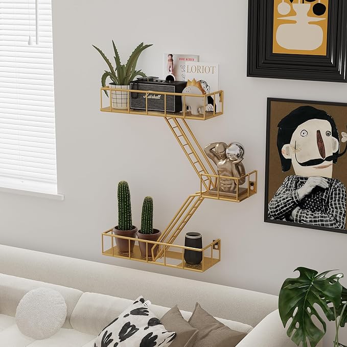 Fire Escape Shelf - 3 Tier Metal Glod Fire Escape Wall Shelves with Baskets, New York Action Figurine Display Shelf, Unique Rustic Floating Decorative Wall Shelves for Any Room