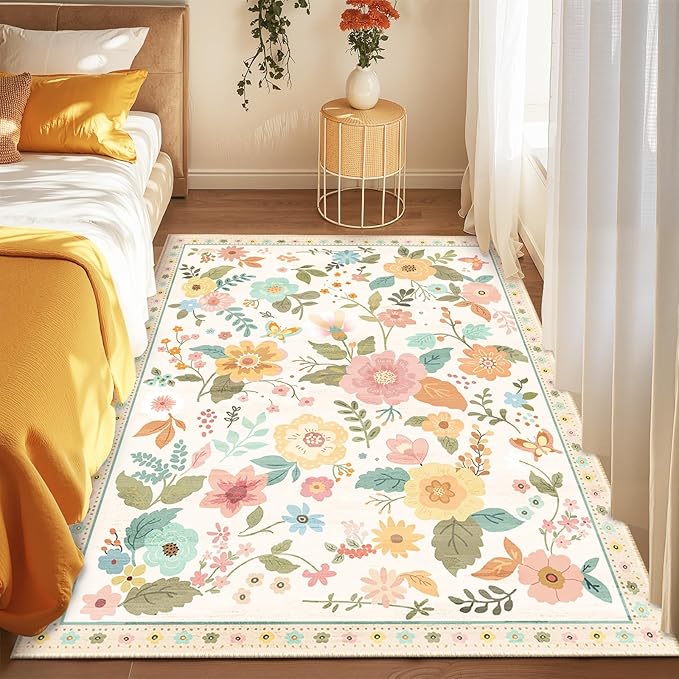 RELEANY Floral Nursery 4x6 Area Rugs Washable Print Boho Cute Carpet Non Slip Flower Low Pile for Living Room Kids Girls Playroom Bedroom Kitchen Office Farmhouse-Beige/White/Orange