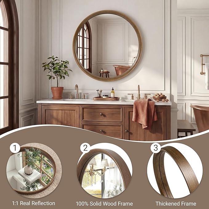 Brakki Round Wall Mirror with Wood Frame, 36 inch Circle Mirror for Bathroom Bedroom Entryway Vanity Living Room, HD Shatterproof Glass, Wall Mounted Decor, Hanging or Leaning, Walnut