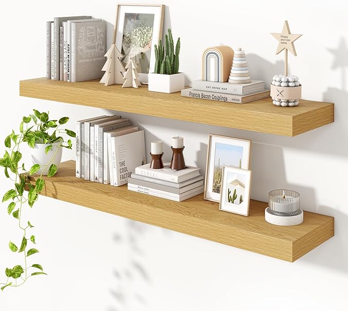 Heimlove Floating Shelves for Wall 48 Inch Long,Extra Large and Thick Wood Shelves Mounted Storage Hanging Shelf Invisible Bracket for Bedroom,Living Room,Kitchen,Office,Set of 2,Oak