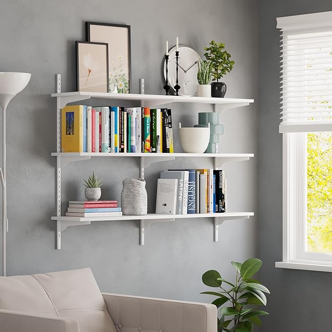 Wallniture Turin 3 pcs 48 inch Long, 10 inch Deep Bookshelf, Height Adjustable Brackets, Ladder Shelf Style Wall Mounting Shelves, 3 Tier, White
