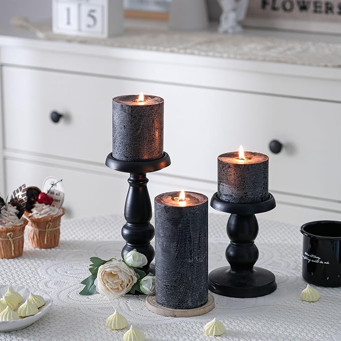 3x3 Inch Black Pillar Candles Set of 3 - Hand-Poured Unscented Candles, Long Clean Burning, Large Big Candle, Smokeless Dripless Candle for Dinner Table, Party, Home, Bathroom, Gothic Decor