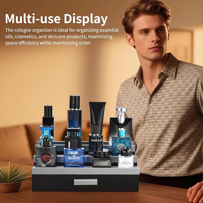 Perfume Organizer for Men, 3 Tier Wood Perfume Display Stand with Velvet Lining Drawer and Hidden Compartment for Watch,Jewelry,Perfume Display Risers,A Gift for Men (Black+Gray)