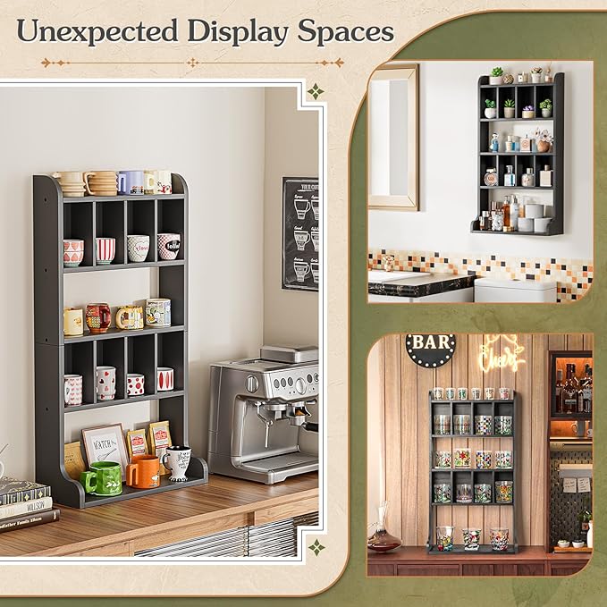Keebofly Perfume Organizer Wall Mount & Large Cologne Display Case - Wooden Multi-Tier Trinket Shelf for Fragrances, Collectibles, Figures, Miniatures, Cosmetics and Shot Glasses,Black