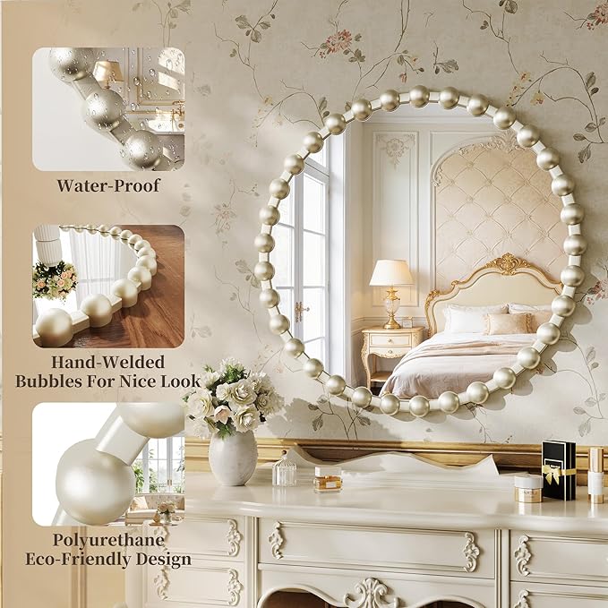Round Vanity Mirror for Wall, 28 Inch Beaded Frame Circle Mirror for Bedroom Dresser, Bathroom, Entryway, Living Room, Decorative Hanging Wall Mirror, Silver