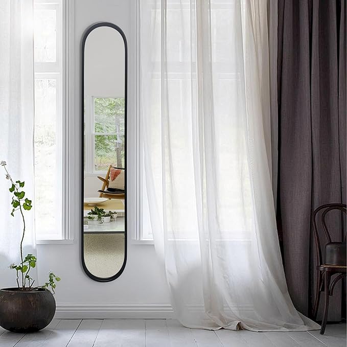 OUSHUAI Black Full Length Oval Mirror, 1-Pack Narrow Capsule Long Mirrors with Metal Frame for Entryway,Hallway,Living Room