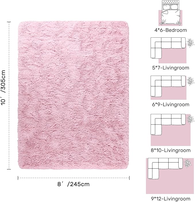 8x10ft Pink Fuzzy Rug for Living Room Soft Fluffy Bedroom Area Rugs Non-Slip Shaggy Carpet for Nursery Kids PlayRoom Dorm Office Indoor Modern Plush Carpet Girls