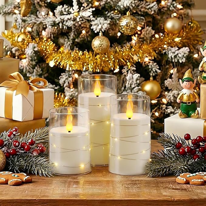 Homemory Flameless Candles with Embedded Star String Fairy Lights, Battery Operated Candles, LED Candle, Fake Candles with Remote Control and Timer, White, Set of 3(H 4" 5" 6”)