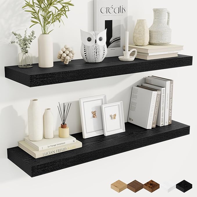 Fun Memories 36 Inch Floating Shelves, 9.3 Inch Deep Rustic Wall Shelves - Extra Deeper Wall Mounted Storage Shelves for Bathroom, Kitchen, Living Room (Black, Set of 2)