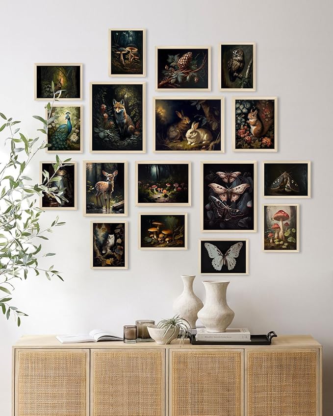 KBKBART Dark Cottagecore Room Decor Aesthetic Set of 17, Cottage Core Wall Decor, Dark Academia Cottagecore Decor Woodland Forest Nature Wall Art Prints, Vintage Mushroom Decor Poster Animal Pictures for Bedroom Dorm Wall Decor- UNFRAMED