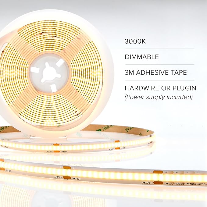 Maxxima 16.5 ft. COB LED Strip Light Spool, Plug-in Or Hardwired with Power Supply, 3000K Warm White, Dimmable, Self Adhesive Cuttable Rope Tape Light Roll for Bedroom, Kitchen and Mirror