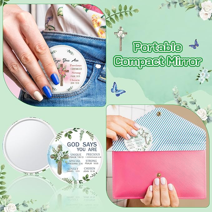 Y1tvei Christian Gifts Compact Mirror - 36Pcs Flower Cross God Say You are Bible Verse Mini Compact Mirrors Inspirational Small Portable Pocket Makeup Mirror for Purse Church Party Favors for Women