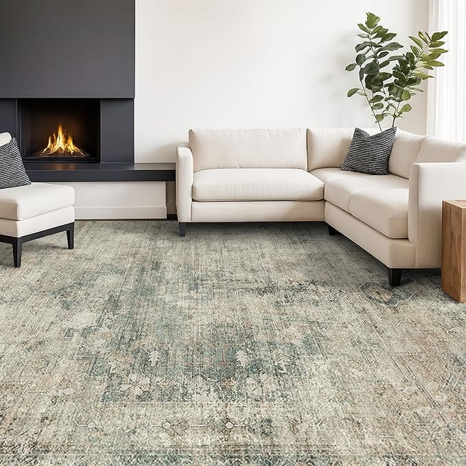 Hazo Haus Washable Moss Green 10x14 Area Rug for Living Room, Large Vintage Farmhouse Rug for Bedroom & Dining Room Under Table, Non-Slip Soft Low-Pile Stain Resistant