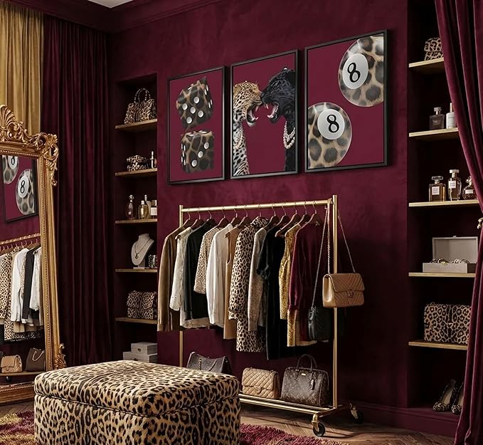 3Pcs Trendy Leopard Canvas Wall Art Funky Lucky 8 Ball Posters Prints Paintings Eclectic Cheetah Preppy Aesthetic Pictures Wall Decor for Bedroom Dorm Living Bathroom Unframed