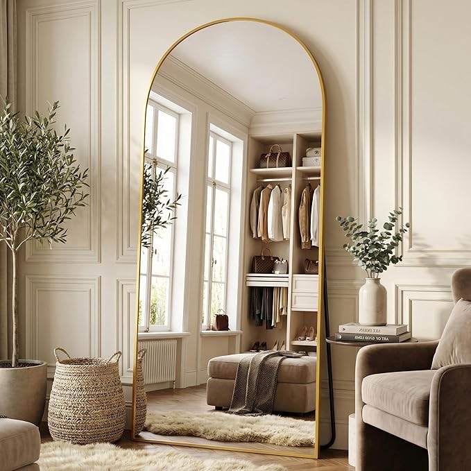 Suidia 76"x34" Arched Full Length Mirror with Stand, Full Body Mirror with Aluminum Frame, Freestanding/Leaning/Wall-Mounted, Floor Mirrors for Bedroom, Living Room, Entryway, Dressing Room, Gold