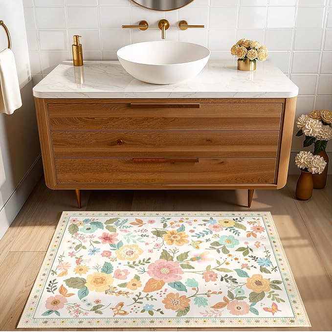 RELEANY Floral Nursery 2x3 Area Rugs Washable Print Boho Cute Carpet Non Slip Flower Low Pile for Living Room Kids Girls Playroom Bedroom Kitchen Office Farmhouse-Beige/White/Orange