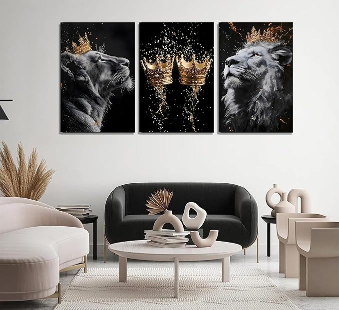 3 Pieces Framed Lion Canvas Wall Art Golden crown with lion Poster print Modern Motivational Black And White Lion Pictures Wall Decor for Living room Office Decoration