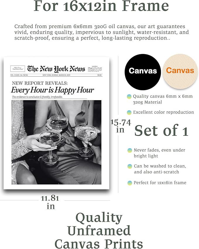 iHery Unframed Trendy NewsPaper Black Wall Art Prints Set of 1, 12x16in Canvas Wall Art Prints, Happy Hour New York News Every Hour is Happy Hour,Girl Dorm Retro Art for Living Room Home Décor 1Pack