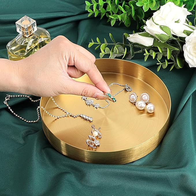 Hipiwe Round Key Bowl for Entryway 7.1" Gold Decorative Tray Jewelry Ring Dish Stainless Steel Candle Holder Plate Perfume Tray Metal Vanity Trays for Bathroom Dresser Home Decor