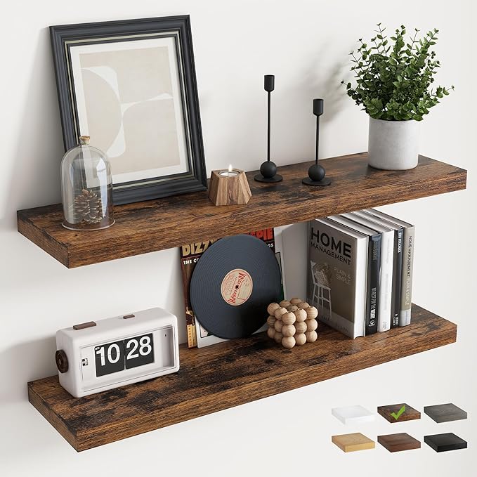 24 Inch Floating Shelves for Wall with Invisible Brackets Set of 2, 8"D Engineered Wood Wall Shelves with Wood Grain for Living Room, Bedroom, Bathroom, Kitchen Decor and Storage, Rustic Brown