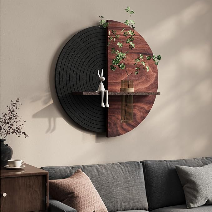 3D Textured Round Abstract Wall Art Decor With Shelf, Modern Minimalist Geometric Black Brown Artwork for Walls, Circle Sandstone Texture Wall Decor for Living Room, Hallway, Kitchen, Bedroom, Office