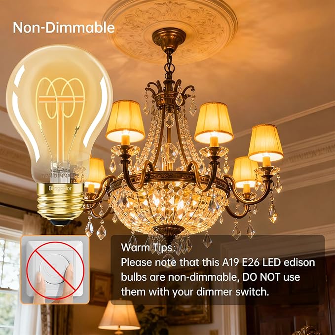 A19 Vintage E26 LED Edison Light Bulbs 40 Watt, Non-Dimmable, 2200K Amber Warm Light Bulbs, 4W LED A19 Edison Bulb 40 Watt Equivalent, 4 PACK Vintage Antique Decorative Light Bulbs, CRI 90+